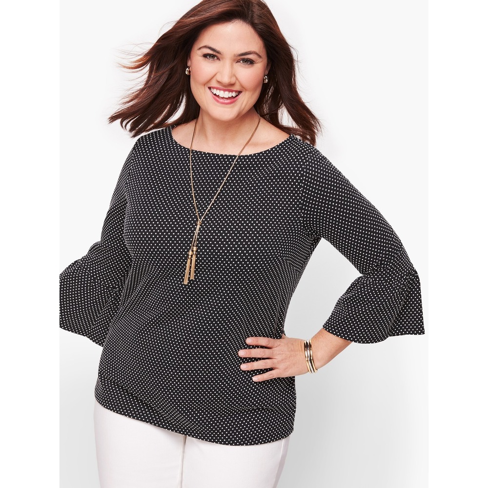Talbots Plus Flounce Sleeve Jacquard Dot Tee Black White 2X Cotton 3/4 Sleeve